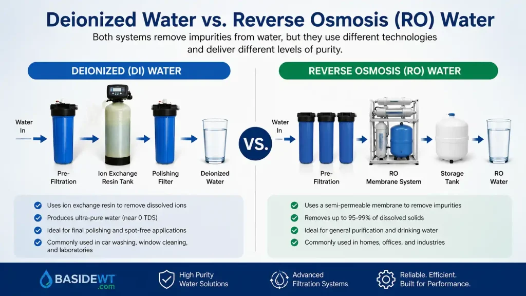 Side-by-side comparison of a deionized water system and a reverse osmosis (RO) water system highlighting their filtration processes, water purity, and common applications.