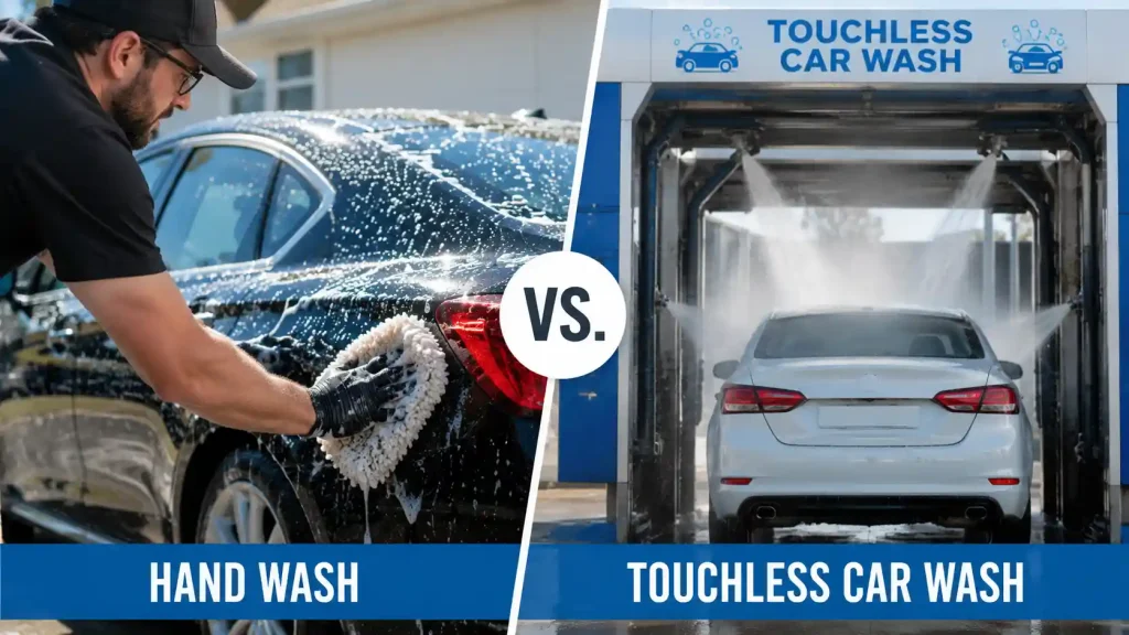 Comparison of hand washing a car and a touchless car wash showing the differences in cleaning methods and paint protection.