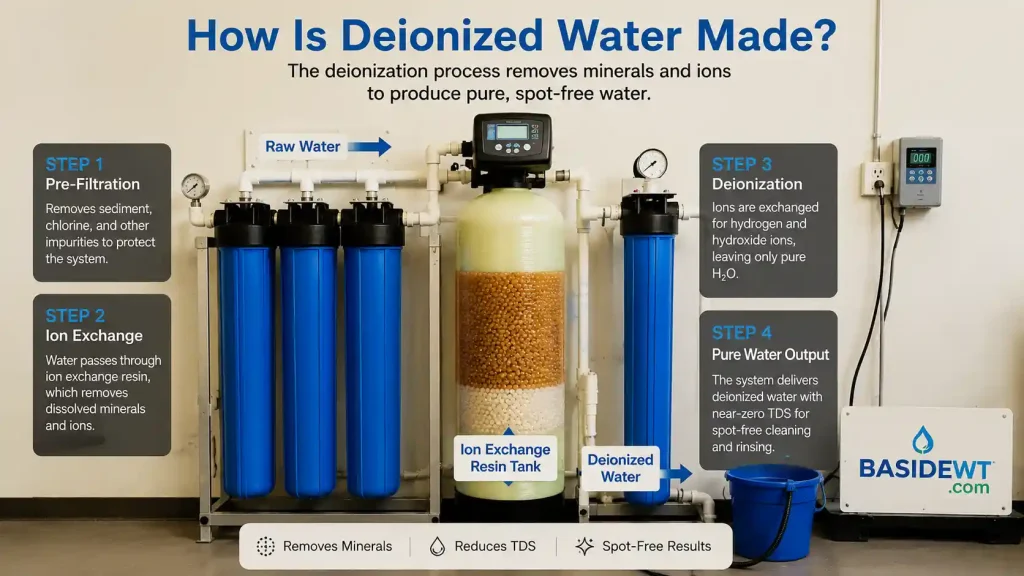 Illustration showing how deionized water is made through pre-filtration, ion exchange resin, and a deionized water system to produce spot-free purified water.