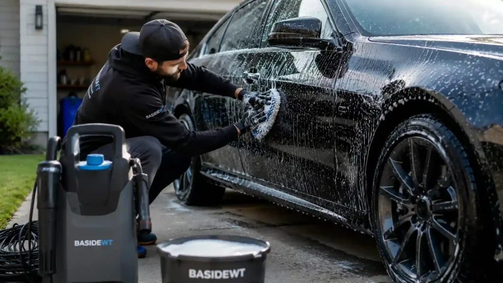 Person washing a black car properly using a microfiber wash mitt and pH-balanced car wash soap.